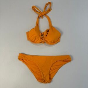 Victoria's Secret Orange Bikini Swimsuit Halter Tie Ruched Bottom Women's 32C‎